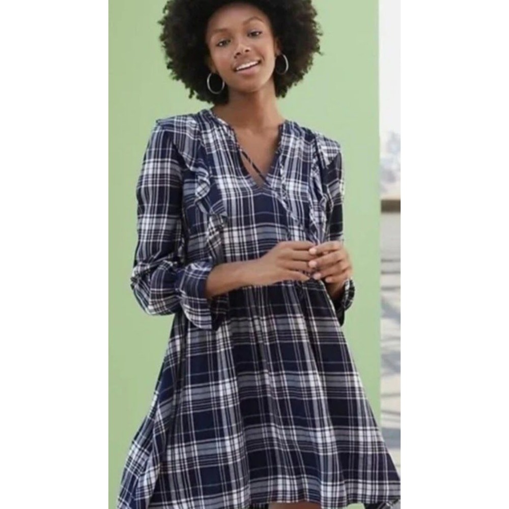 Loft NWT M Plaid Ruffle Tie Neck Long Sleeve Dress